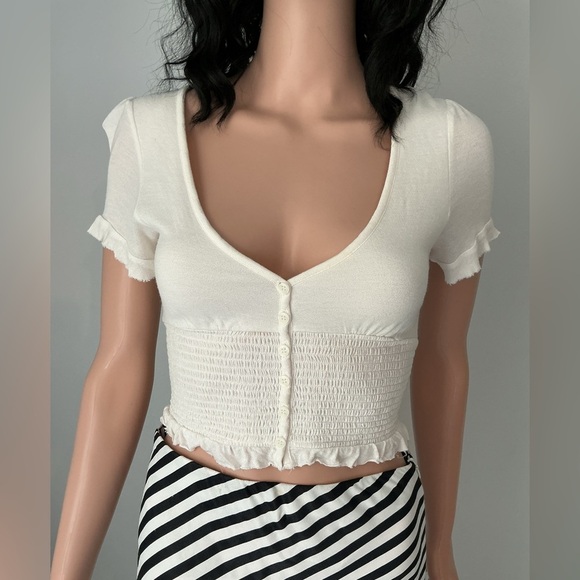 Urban Outfitters Tops - Urban Outfitters Cream Button-Up Smocked Crop Top